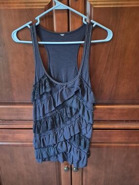 Ruffled Navy Tank Top - Layered Scoop Neck Casual Top